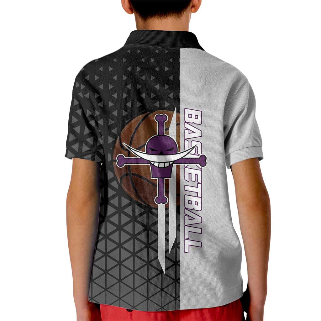 Whitebeard Newgate One Piece Basketball Theme Black and White Design Kid Polo Shirt with Crossed Moustache Emblem and Dominant Pose - The Mazicc