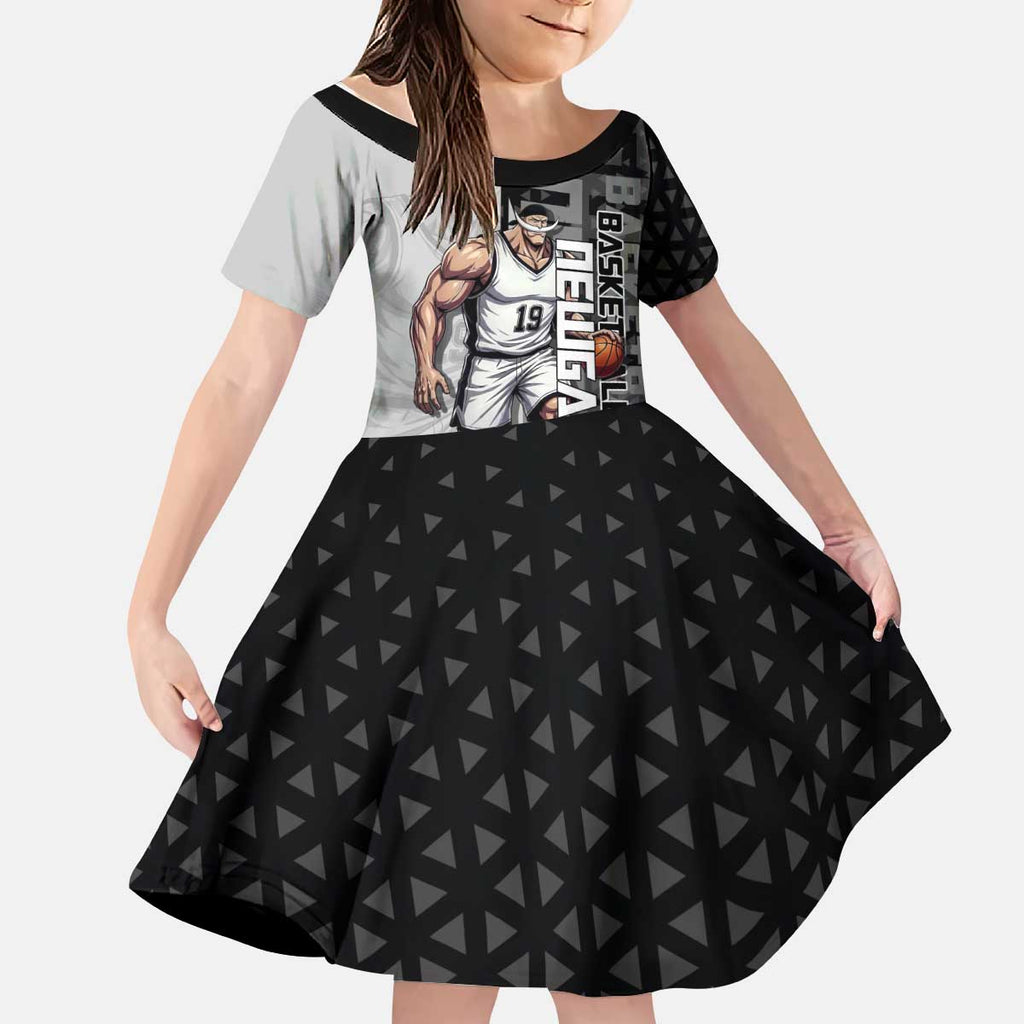 Whitebeard Newgate One Piece Basketball Theme Black and White Design Kid Short Sleeve Dress with Crossed Moustache Emblem and Dominant Pose - The Mazicc