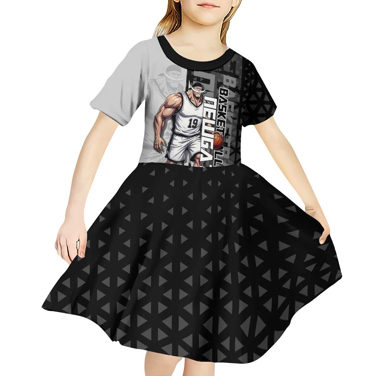 Whitebeard Newgate One Piece Basketball Theme Black and White Design Kid Short Sleeve Dress with Crossed Moustache Emblem and Dominant Pose - The Mazicc