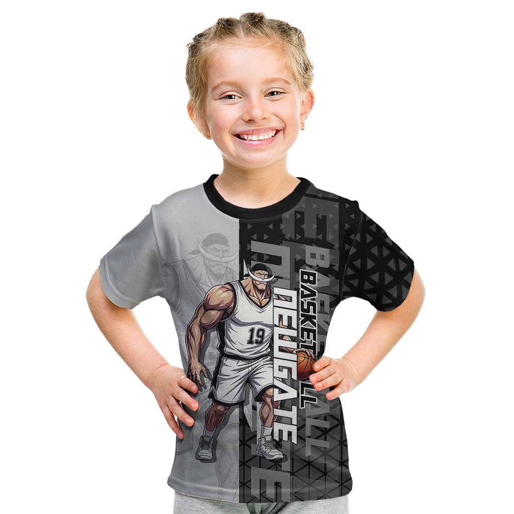 Whitebeard Newgate One Piece Basketball Theme Black and White Design Kid T Shirt with Crossed Moustache Emblem and Dominant Pose - The Mazicc