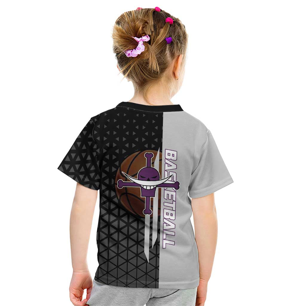 Whitebeard Newgate One Piece Basketball Theme Black and White Design Kid T Shirt with Crossed Moustache Emblem and Dominant Pose - The Mazicc