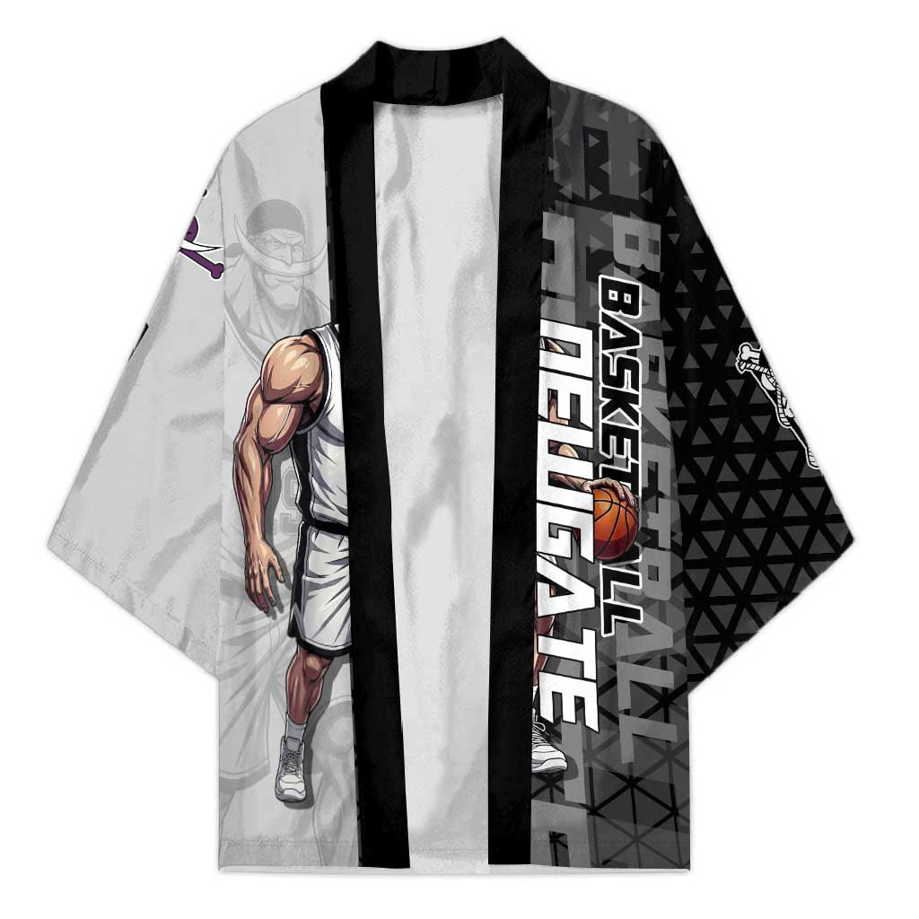 Whitebeard Newgate One Piece Basketball Theme Black and White Design Kimono with Crossed Moustache Emblem and Dominant Pose - The Mazicc