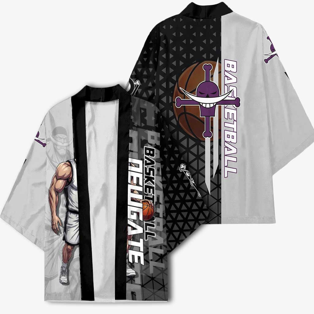 Whitebeard Newgate One Piece Basketball Theme Black and White Design Kimono with Crossed Moustache Emblem and Dominant Pose - The Mazicc