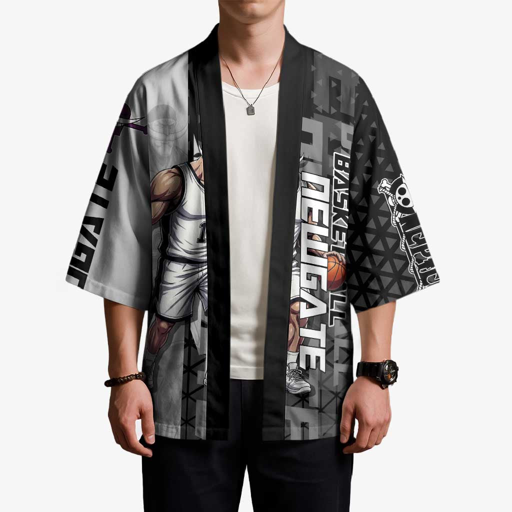 Whitebeard Newgate One Piece Basketball Theme Black and White Design Kimono with Crossed Moustache Emblem and Dominant Pose - The Mazicc