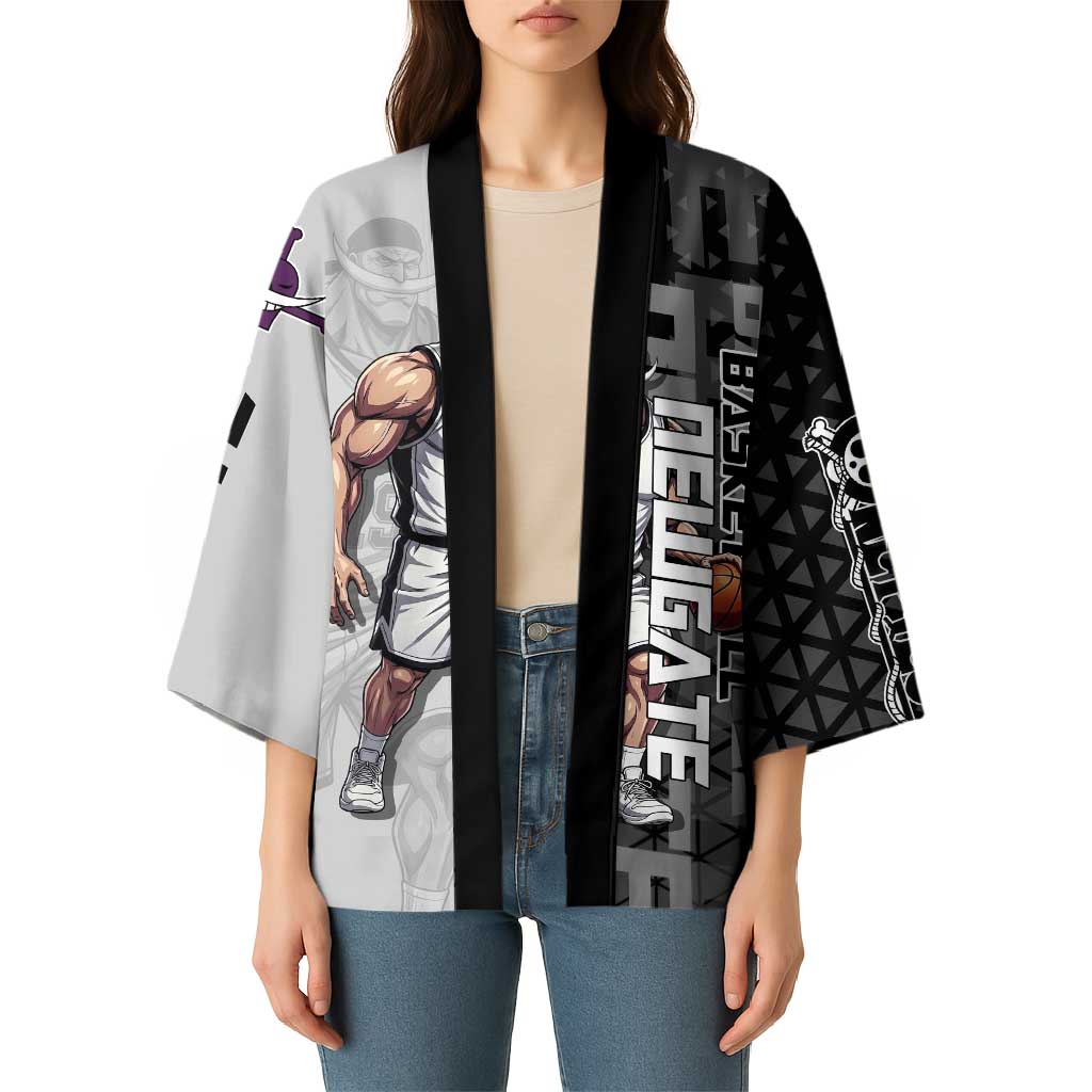 Whitebeard Newgate One Piece Basketball Theme Black and White Design Kimono with Crossed Moustache Emblem and Dominant Pose - The Mazicc
