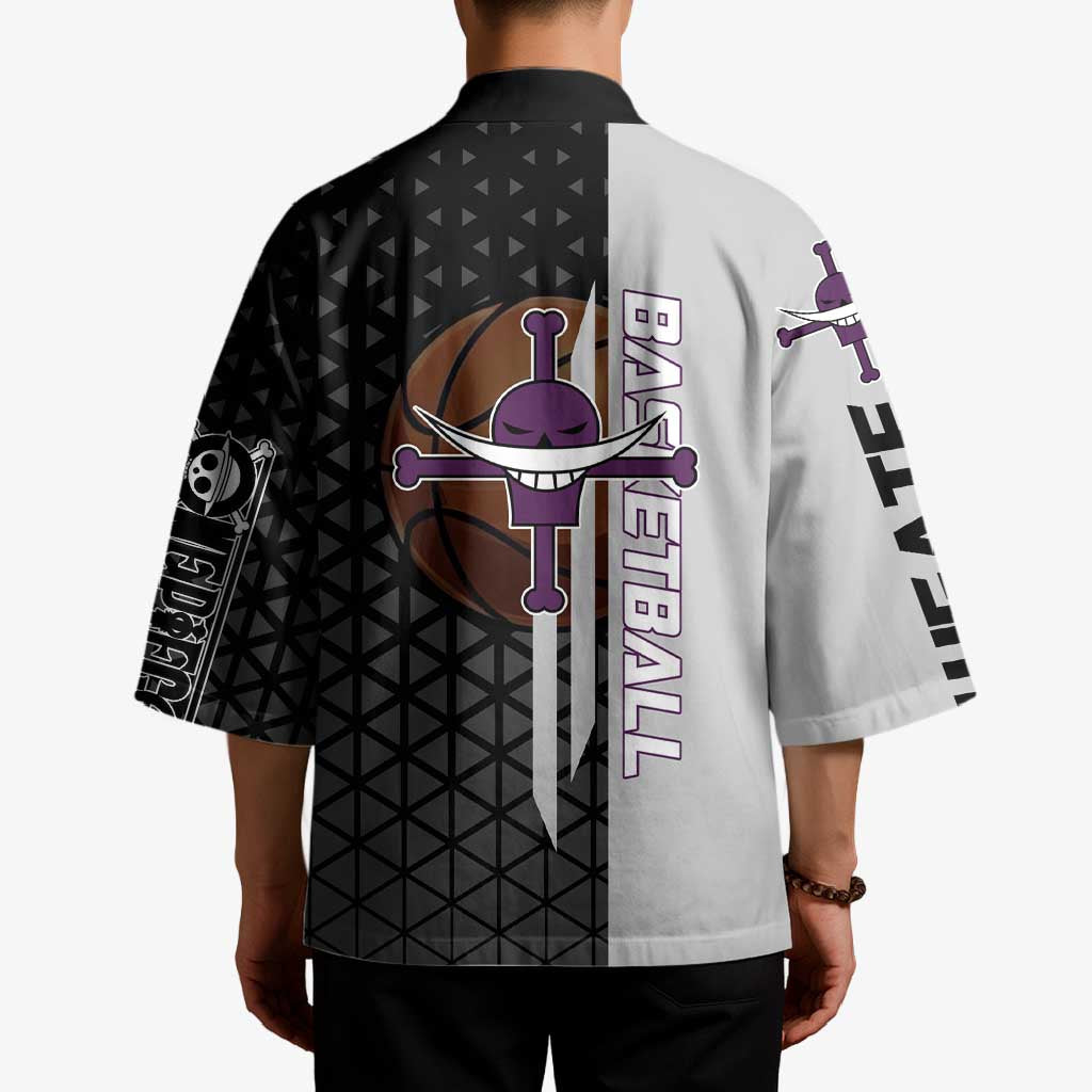 Whitebeard Newgate One Piece Basketball Theme Black and White Design Kimono with Crossed Moustache Emblem and Dominant Pose - The Mazicc