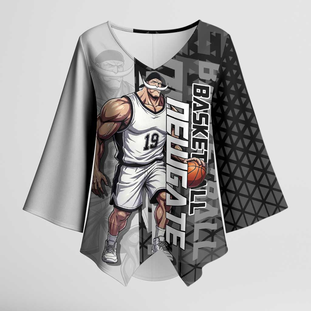 Whitebeard Newgate One Piece Basketball Theme Black and White Design Kimono Sleeve Blouse with Crossed Moustache Emblem and Dominant Pose - The Mazicc