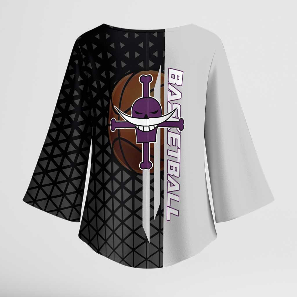 Whitebeard Newgate One Piece Basketball Theme Black and White Design Kimono Sleeve Blouse with Crossed Moustache Emblem and Dominant Pose - The Mazicc