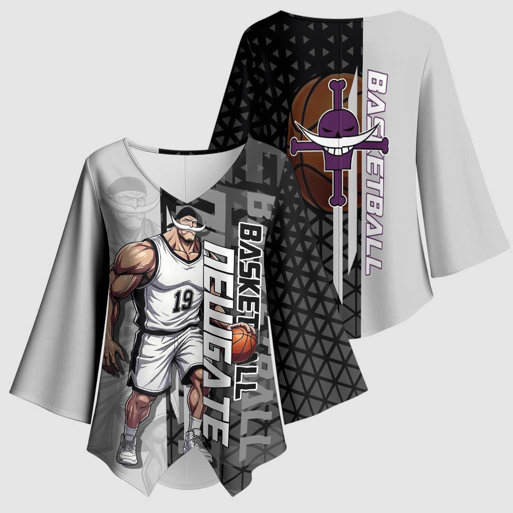 Whitebeard Newgate One Piece Basketball Theme Black and White Design Kimono Sleeve Blouse with Crossed Moustache Emblem and Dominant Pose - The Mazicc