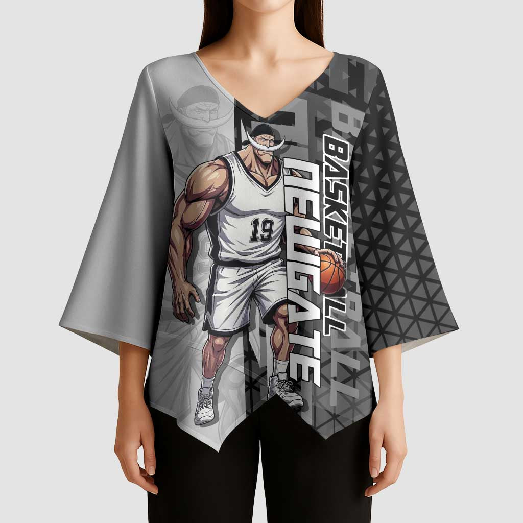 Whitebeard Newgate One Piece Basketball Theme Black and White Design Kimono Sleeve Blouse with Crossed Moustache Emblem and Dominant Pose - The Mazicc