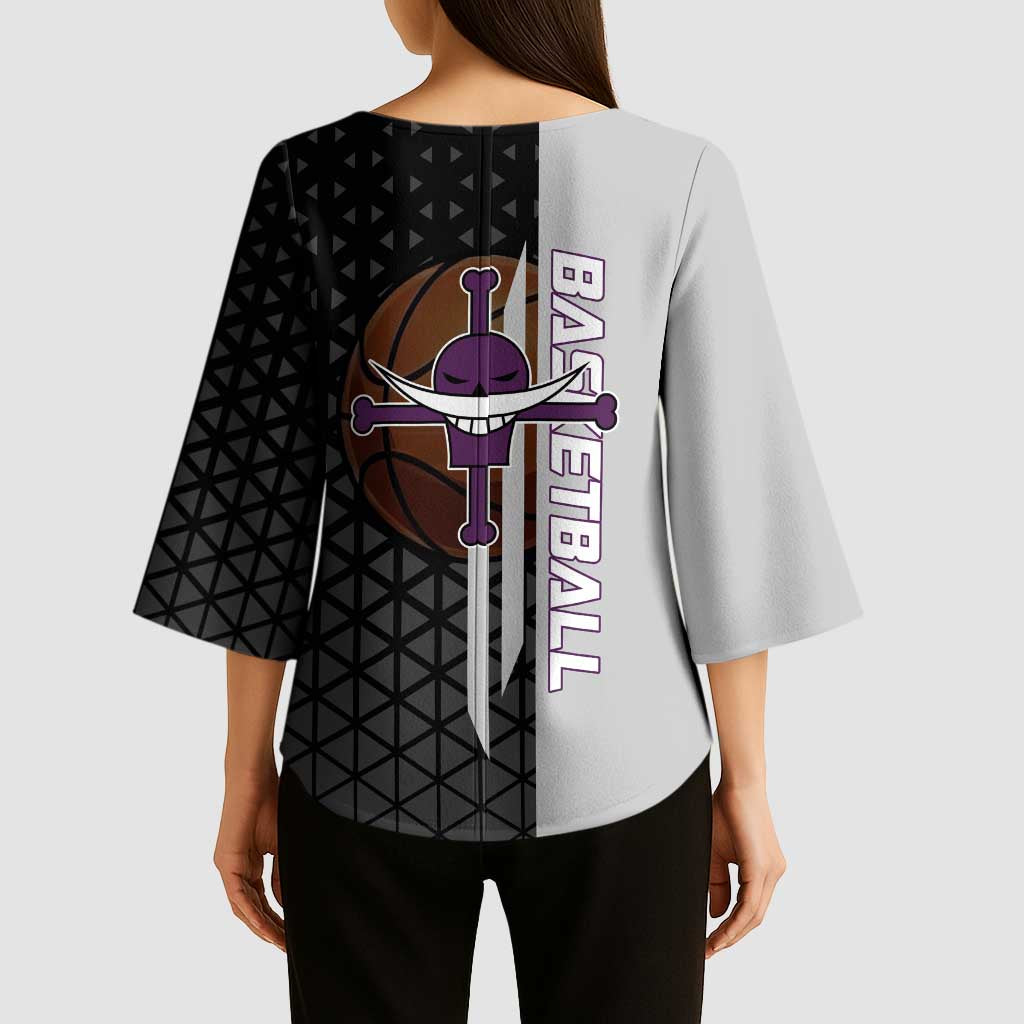Whitebeard Newgate One Piece Basketball Theme Black and White Design Kimono Sleeve Blouse with Crossed Moustache Emblem and Dominant Pose - The Mazicc