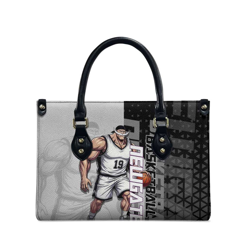 Whitebeard Newgate One Piece Basketball Theme Black and White Design Leather Bag with Crossed Moustache Emblem and Dominant Pose - The Mazicc