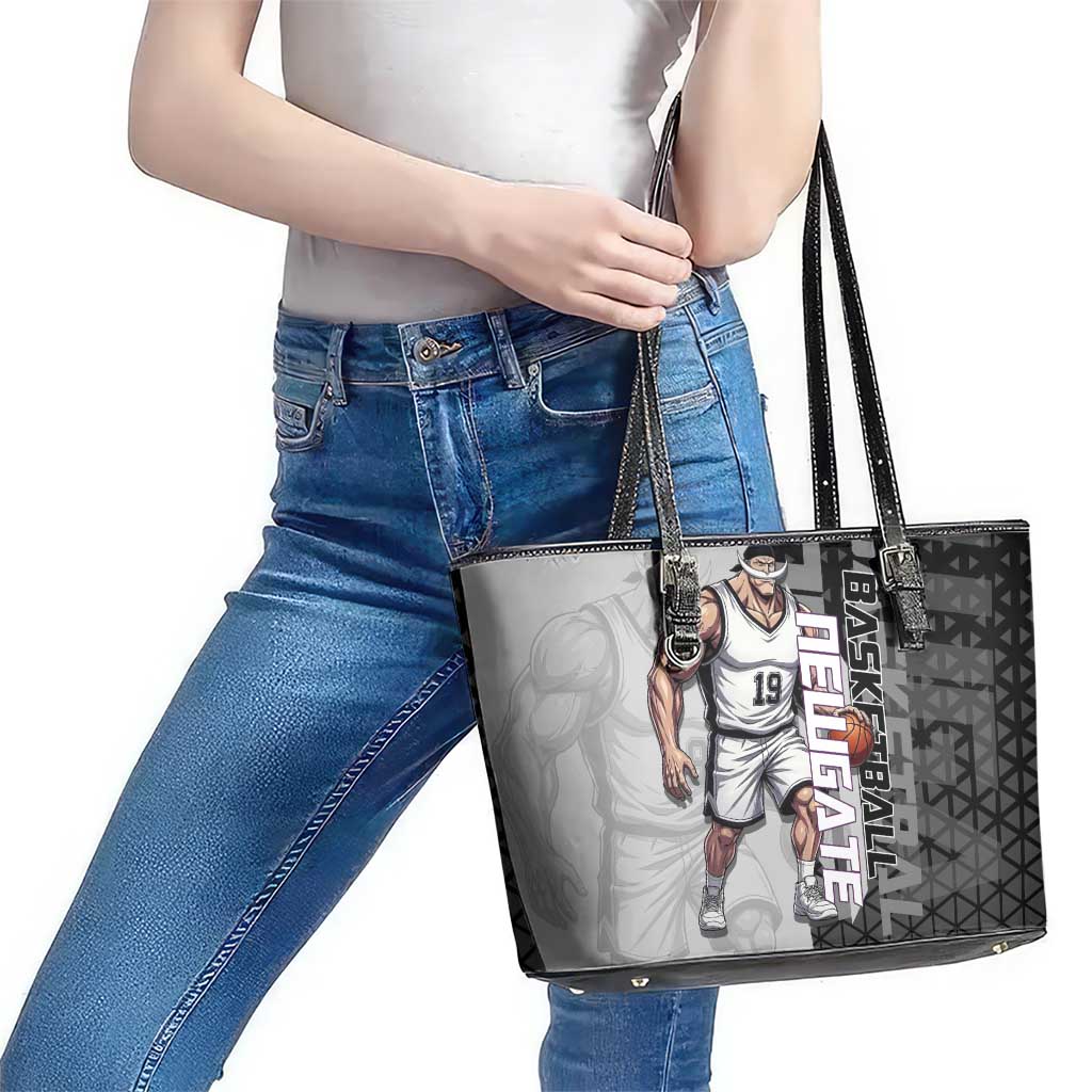 Whitebeard Newgate One Piece Basketball Theme Black and White Design Leather Tote Bag with Crossed Moustache Emblem and Dominant Pose - The Mazicc