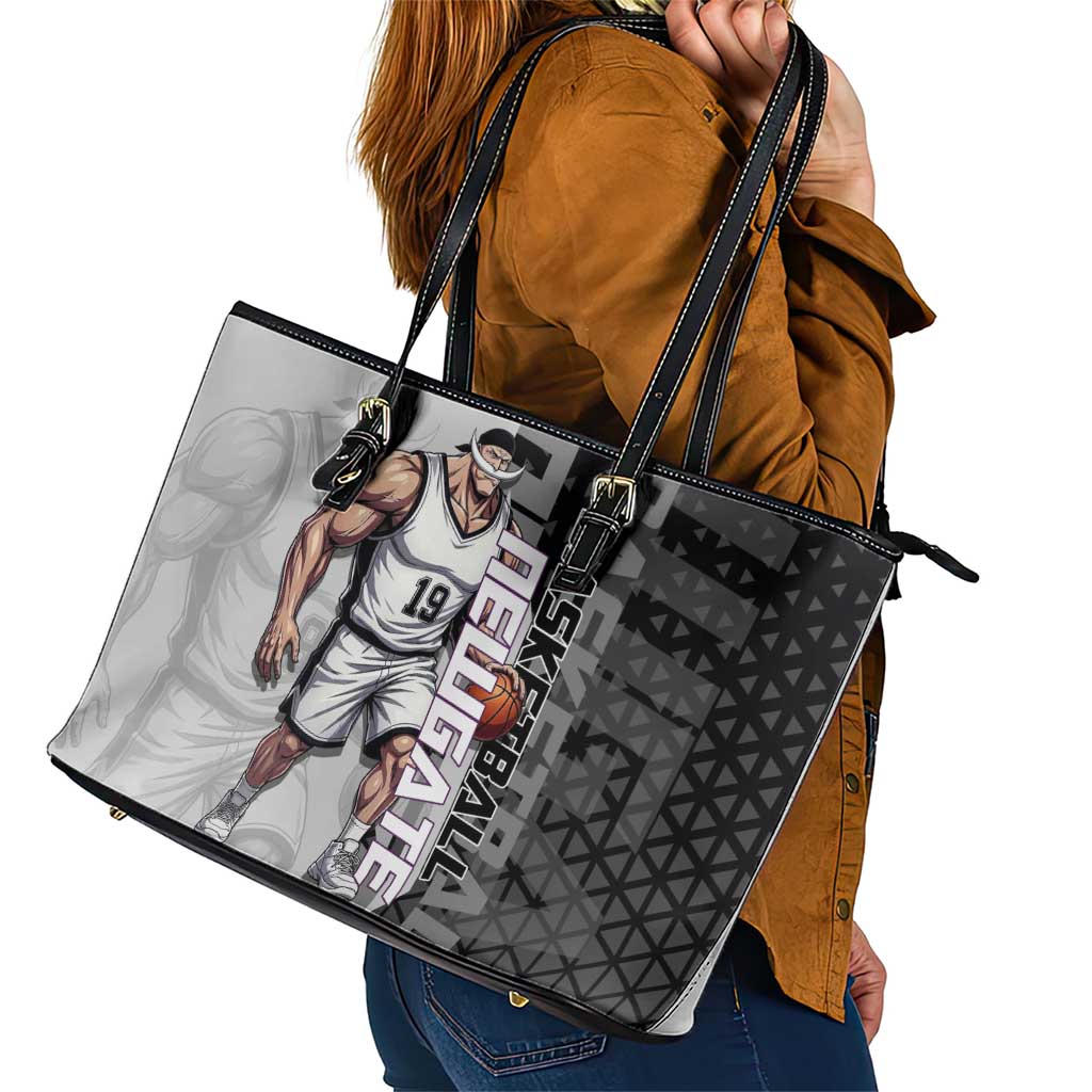 Whitebeard Newgate One Piece Basketball Theme Black and White Design Leather Tote Bag with Crossed Moustache Emblem and Dominant Pose - The Mazicc