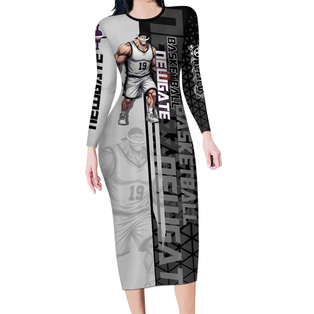 Whitebeard Newgate One Piece Basketball Theme Black and White Design Long Sleeve Bodycon Dress with Crossed Moustache Emblem and Dominant Pose - The Mazicc