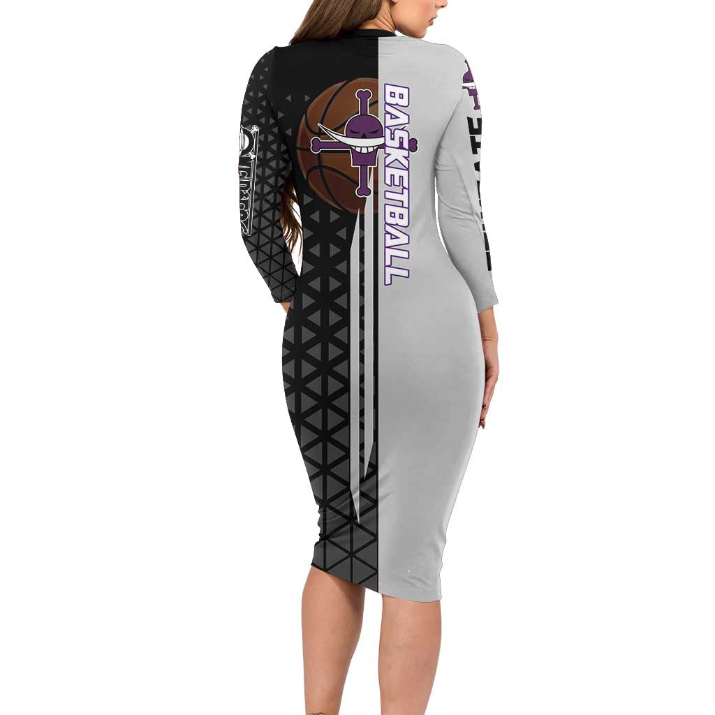Whitebeard Newgate One Piece Basketball Theme Black and White Design Long Sleeve Bodycon Dress with Crossed Moustache Emblem and Dominant Pose - The Mazicc