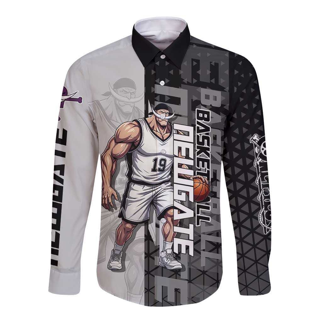 Whitebeard Newgate One Piece Basketball Theme Black and White Design Long Sleeve Button Shirt with Crossed Moustache Emblem and Dominant Pose - The Mazicc