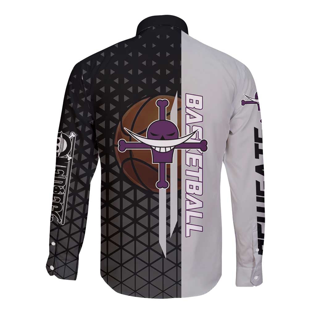 Whitebeard Newgate One Piece Basketball Theme Black and White Design Long Sleeve Button Shirt with Crossed Moustache Emblem and Dominant Pose - The Mazicc