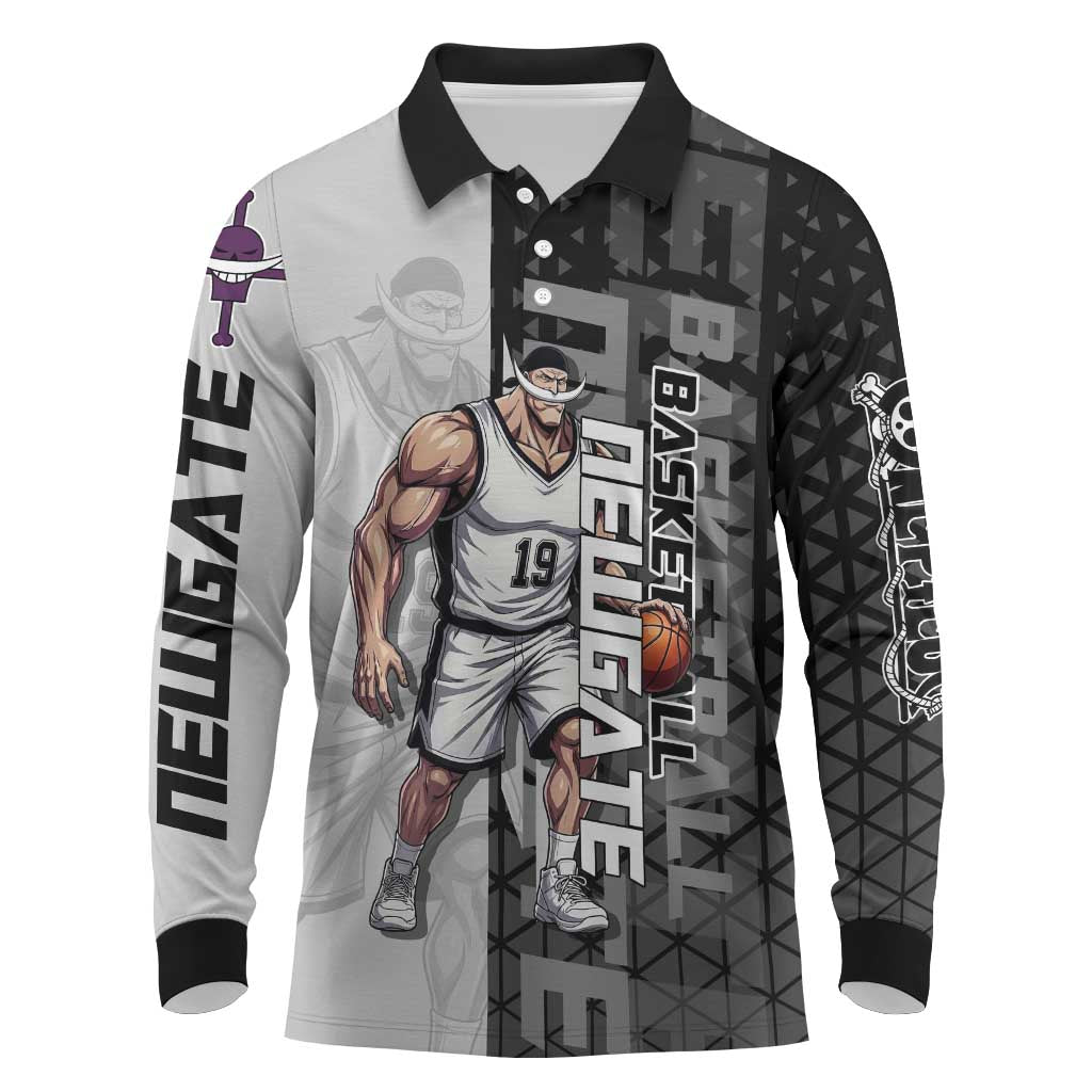 Whitebeard Newgate One Piece Basketball Theme Black and White Design Long Sleeve Polo Shirt with Crossed Moustache Emblem and Dominant Pose - The Mazicc