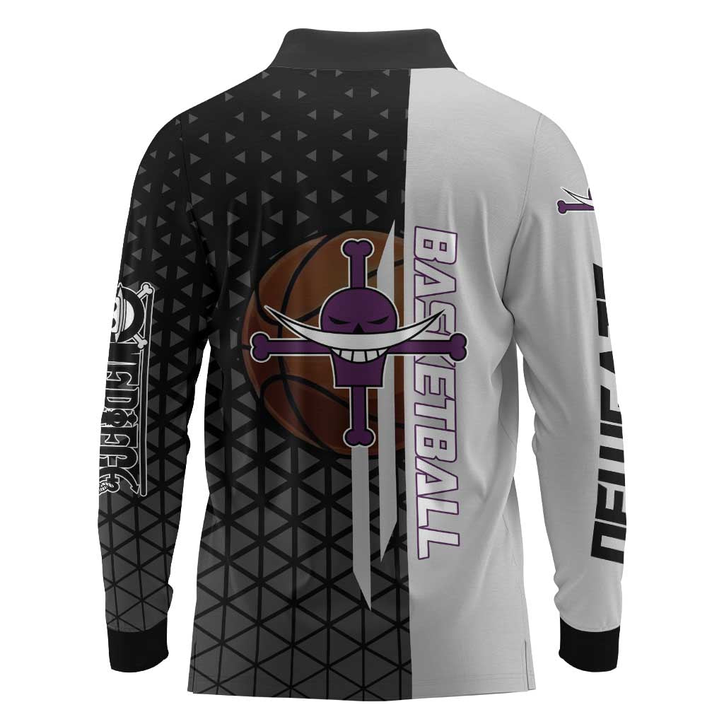 Whitebeard Newgate One Piece Basketball Theme Black and White Design Long Sleeve Polo Shirt with Crossed Moustache Emblem and Dominant Pose - The Mazicc