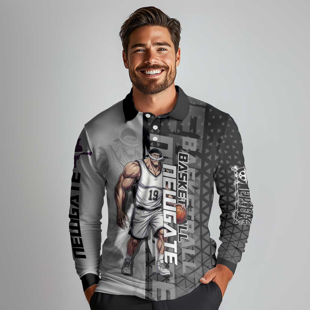 Whitebeard Newgate One Piece Basketball Theme Black and White Design Long Sleeve Polo Shirt with Crossed Moustache Emblem and Dominant Pose - The Mazicc