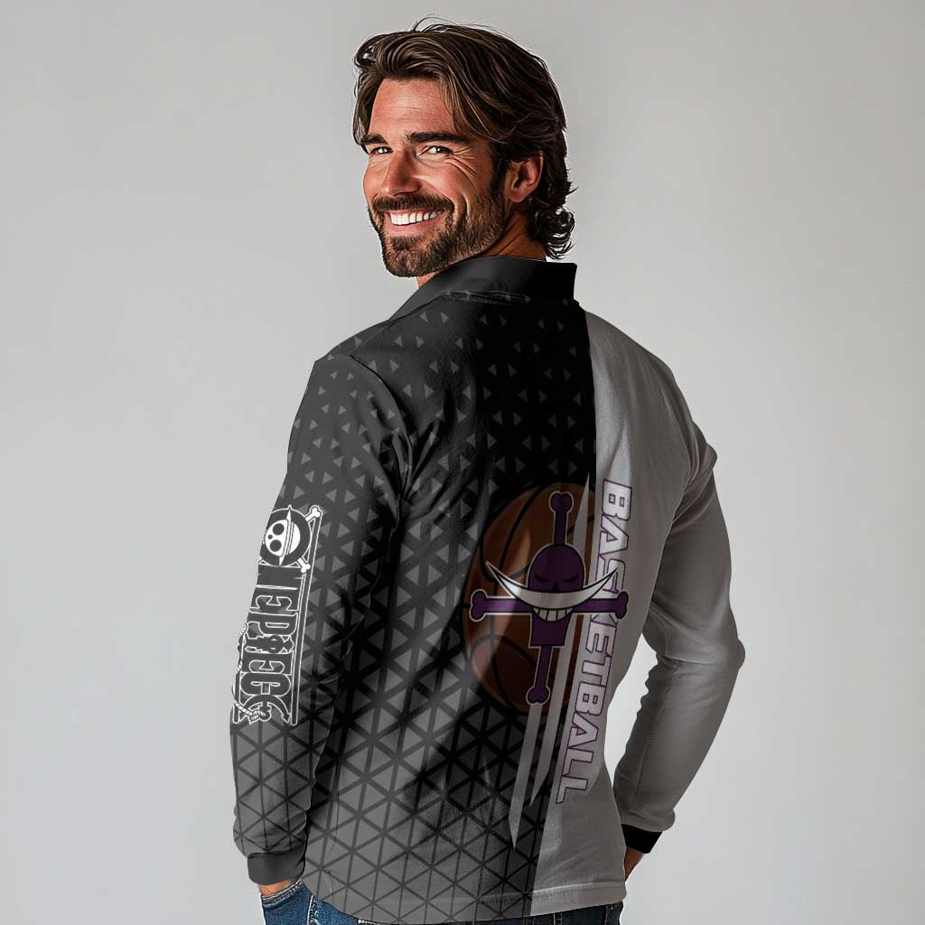 Whitebeard Newgate One Piece Basketball Theme Black and White Design Long Sleeve Polo Shirt with Crossed Moustache Emblem and Dominant Pose - The Mazicc