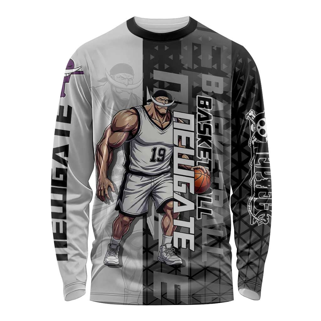 Whitebeard Newgate One Piece Basketball Theme Black and White Design Long Sleeve Shirt with Crossed Moustache Emblem and Dominant Pose - The Mazicc