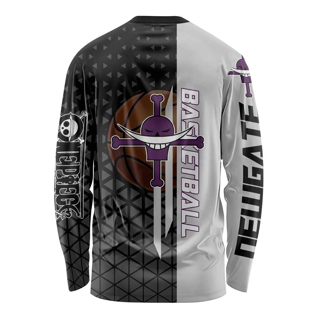 Whitebeard Newgate One Piece Basketball Theme Black and White Design Long Sleeve Shirt with Crossed Moustache Emblem and Dominant Pose - The Mazicc