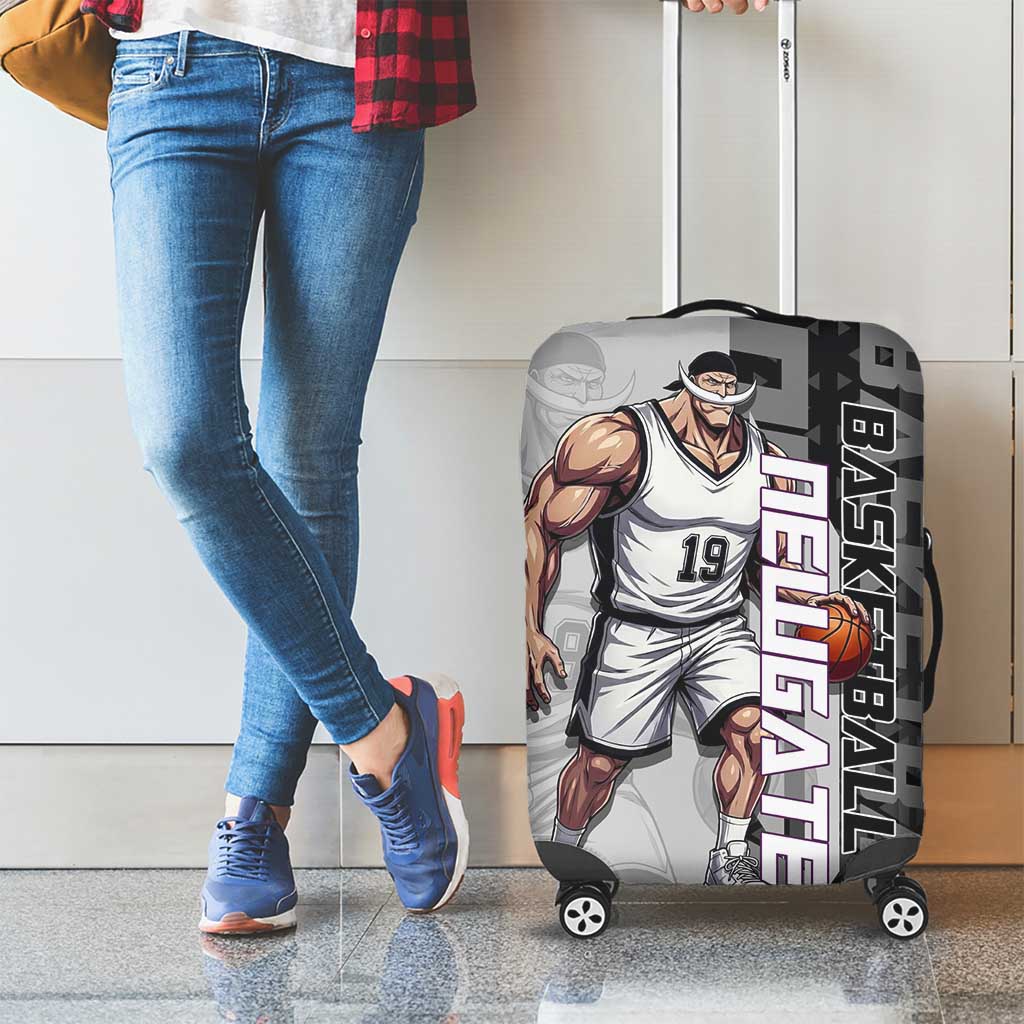 Whitebeard Newgate One Piece Basketball Theme Black and White Design Luggage Cover with Crossed Moustache Emblem and Dominant Pose - The Mazicc