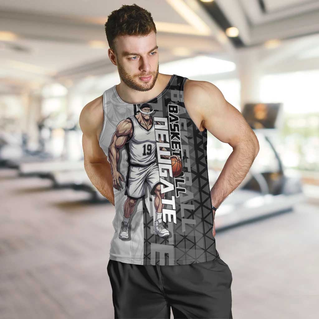 Whitebeard Newgate One Piece Basketball Theme Black and White Design Men Tank Top with Crossed Moustache Emblem and Dominant Pose - The Mazicc