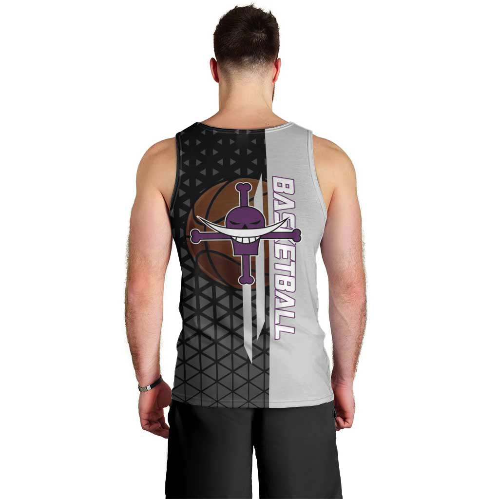 Whitebeard Newgate One Piece Basketball Theme Black and White Design Men Tank Top with Crossed Moustache Emblem and Dominant Pose - The Mazicc