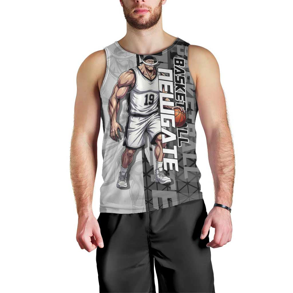 Whitebeard Newgate One Piece Basketball Theme Black and White Design Men Tank Top with Crossed Moustache Emblem and Dominant Pose - The Mazicc