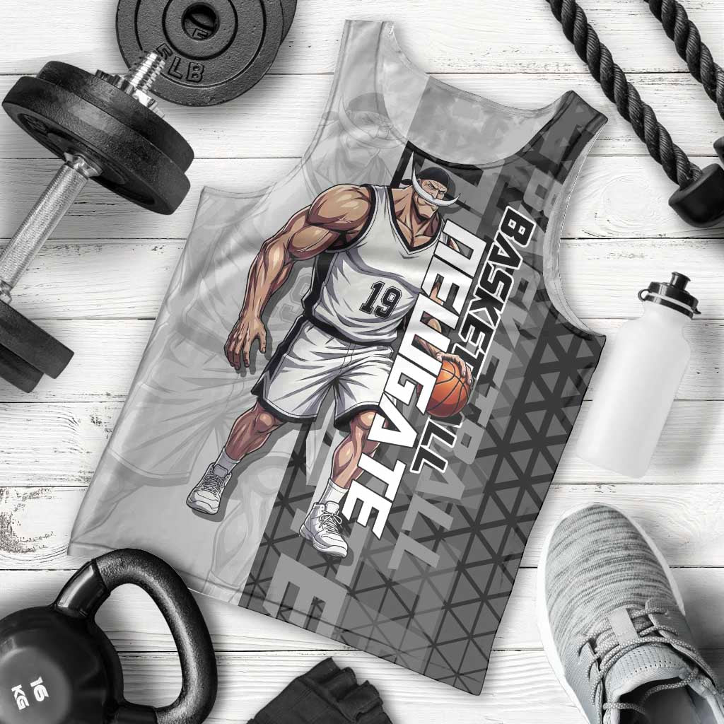 Whitebeard Newgate One Piece Basketball Theme Black and White Design Men Tank Top with Crossed Moustache Emblem and Dominant Pose - The Mazicc