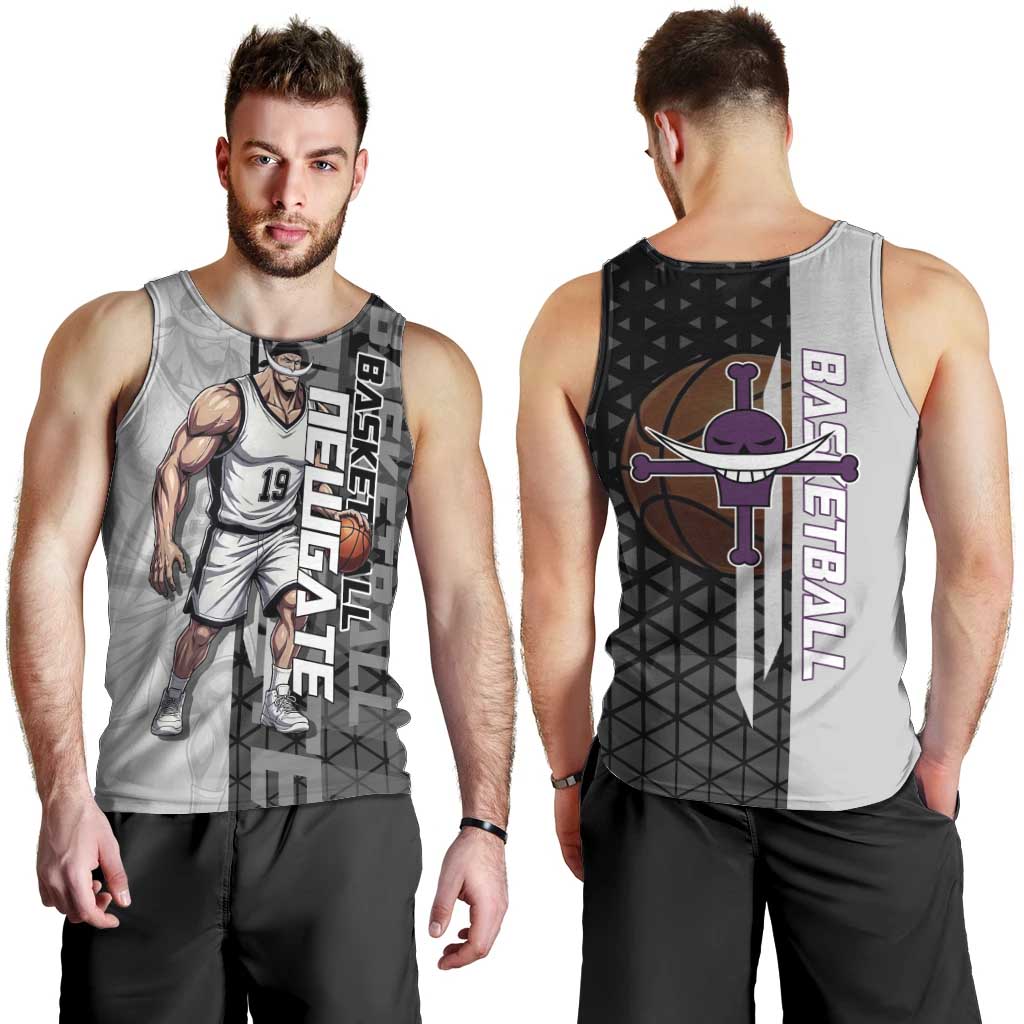 Whitebeard Newgate One Piece Basketball Theme Black and White Design Men Tank Top with Crossed Moustache Emblem and Dominant Pose - The Mazicc