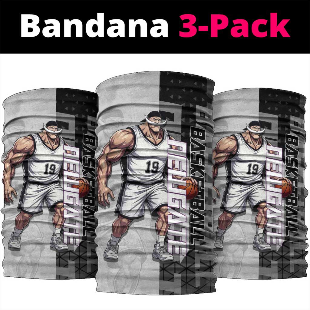 Whitebeard Newgate One Piece Basketball Theme Black and White Design Neck Gaiter with Crossed Moustache Emblem and Dominant Pose - The Mazicc