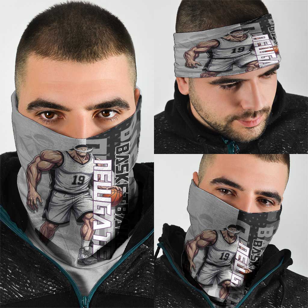 Whitebeard Newgate One Piece Basketball Theme Black and White Design Neck Gaiter with Crossed Moustache Emblem and Dominant Pose - The Mazicc