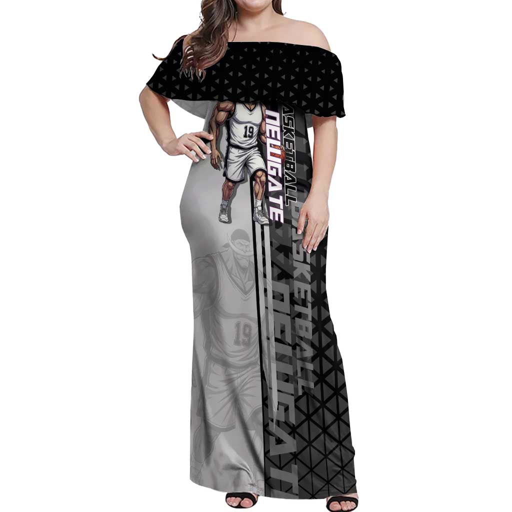 Whitebeard Newgate One Piece Basketball Theme Black and White Design Off Shoulder Maxi Dress with Crossed Moustache Emblem and Dominant Pose - The Mazicc