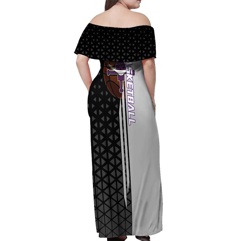 Whitebeard Newgate One Piece Basketball Theme Black and White Design Off Shoulder Maxi Dress with Crossed Moustache Emblem and Dominant Pose - The Mazicc