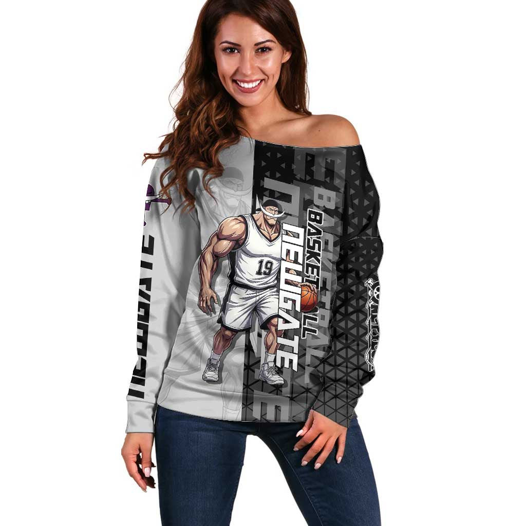 Whitebeard Newgate One Piece Basketball Theme Black and White Design Off Shoulder Sweater with Crossed Moustache Emblem and Dominant Pose - The Mazicc