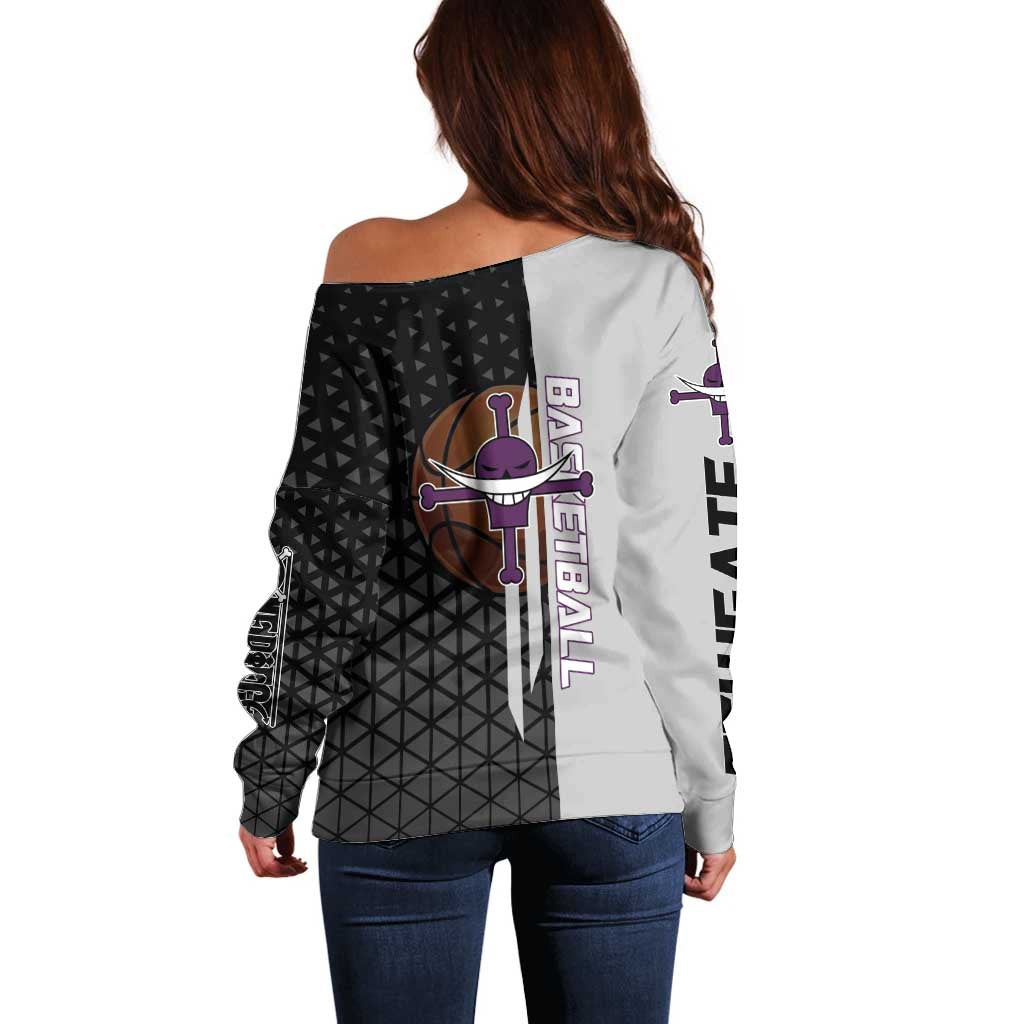 Whitebeard Newgate One Piece Basketball Theme Black and White Design Off Shoulder Sweater with Crossed Moustache Emblem and Dominant Pose - The Mazicc