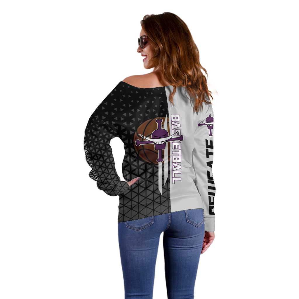 Whitebeard Newgate One Piece Basketball Theme Black and White Design Off Shoulder Sweater with Crossed Moustache Emblem and Dominant Pose - The Mazicc