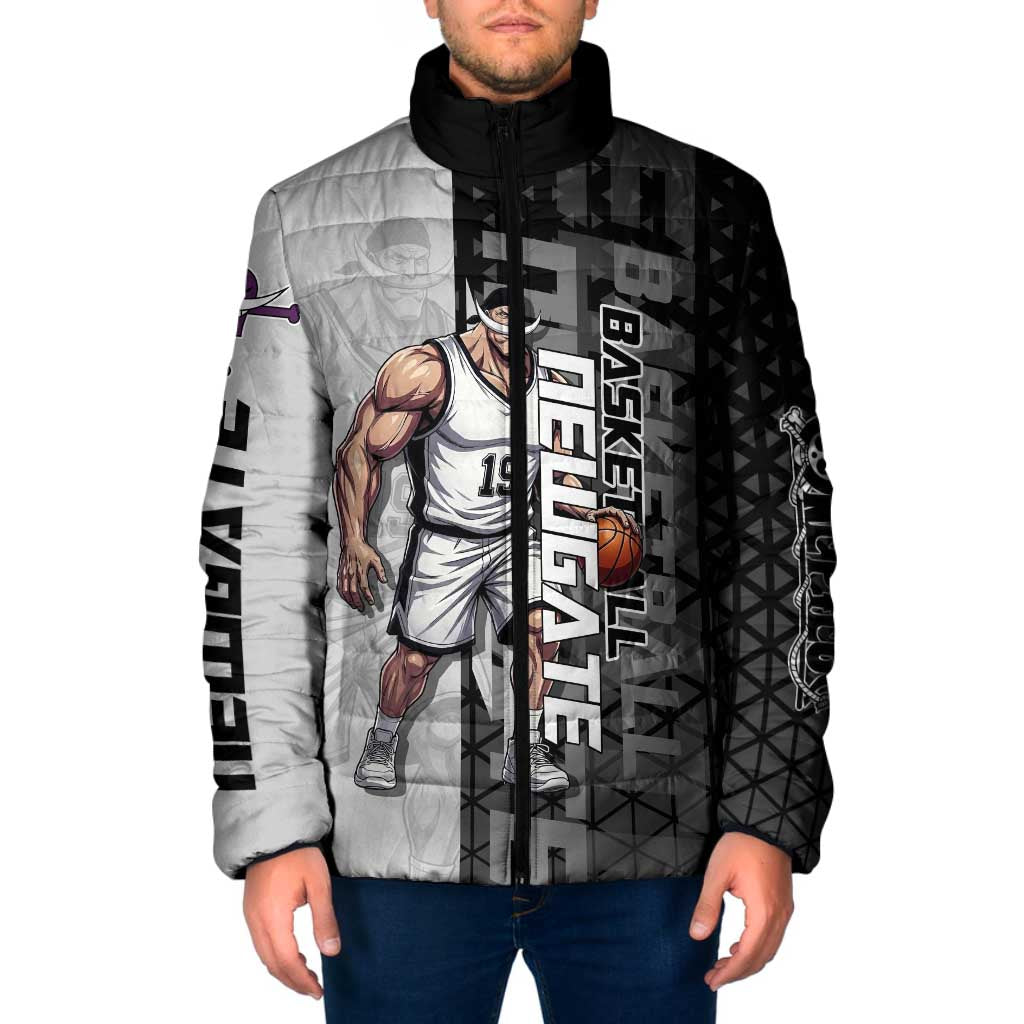 Whitebeard Newgate One Piece Basketball Theme Black and White Design Padded Jacket with Crossed Moustache Emblem and Dominant Pose - The Mazicc
