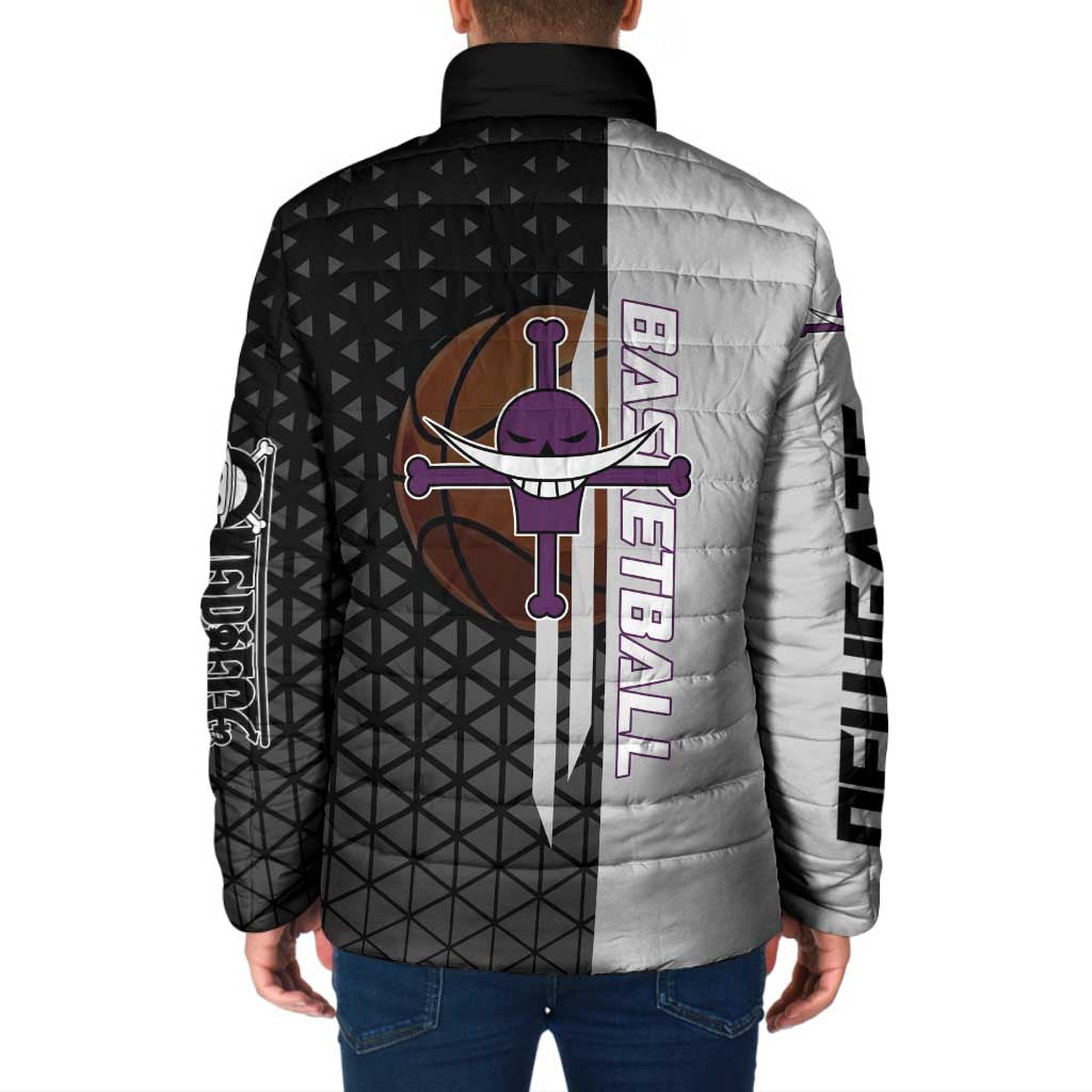 Whitebeard Newgate One Piece Basketball Theme Black and White Design Padded Jacket with Crossed Moustache Emblem and Dominant Pose - The Mazicc