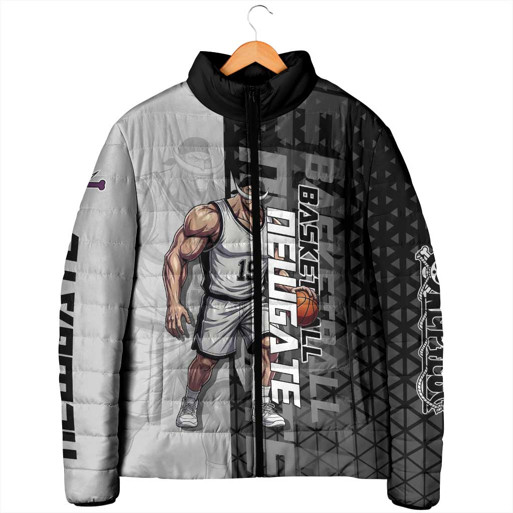 Whitebeard Newgate One Piece Basketball Theme Black and White Design Padded Jacket with Crossed Moustache Emblem and Dominant Pose - The Mazicc
