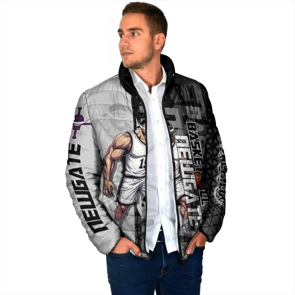 Whitebeard Newgate One Piece Basketball Theme Black and White Design Padded Jacket with Crossed Moustache Emblem and Dominant Pose - The Mazicc