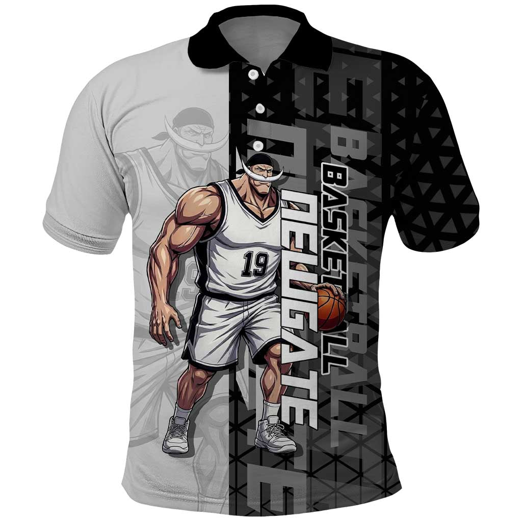 Whitebeard Newgate One Piece Basketball Theme Black and White Design Polo Shirt with Crossed Moustache Emblem and Dominant Pose - The Mazicc