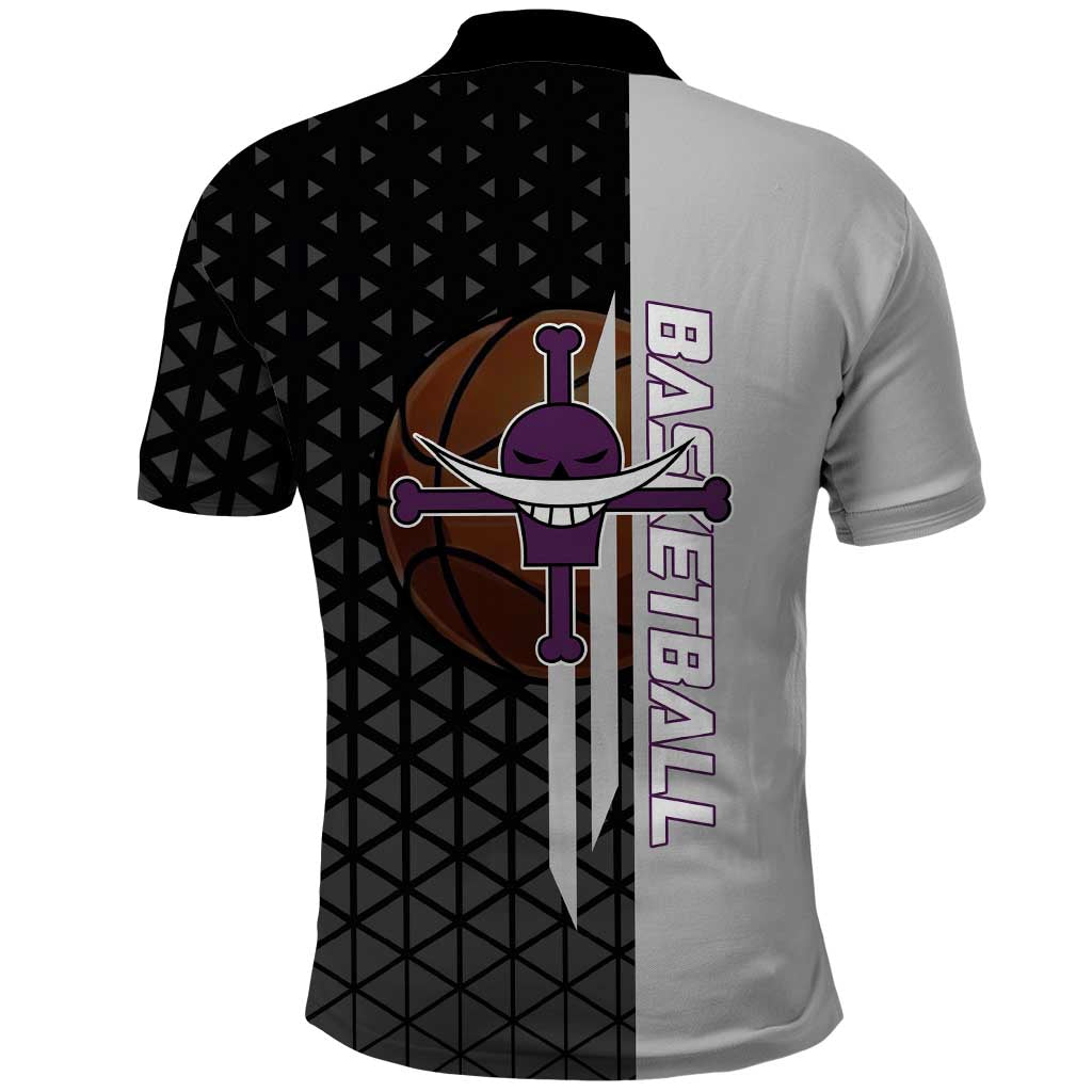 Whitebeard Newgate One Piece Basketball Theme Black and White Design Polo Shirt with Crossed Moustache Emblem and Dominant Pose - The Mazicc