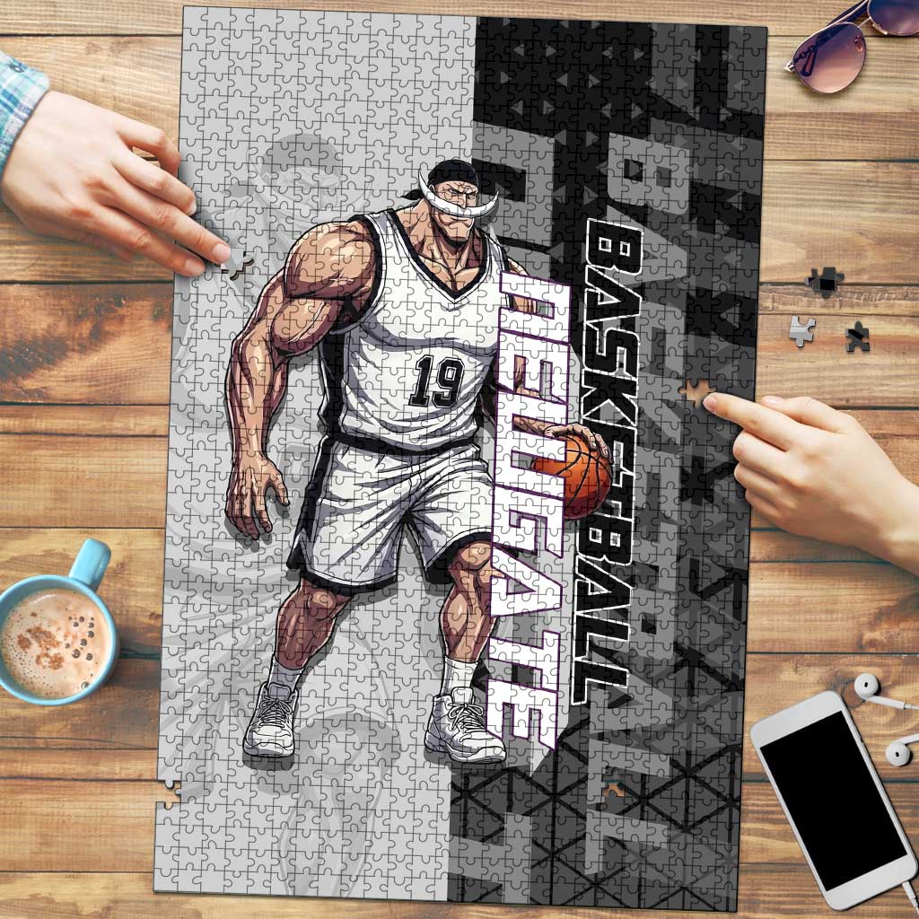 Whitebeard Newgate One Piece Basketball Theme Black and White Design Puzzle with Crossed Moustache Emblem and Dominant Pose - The Mazicc