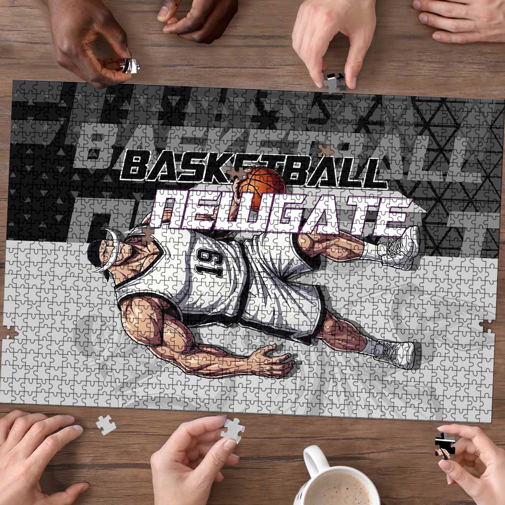Whitebeard Newgate One Piece Basketball Theme Black and White Design Puzzle with Crossed Moustache Emblem and Dominant Pose - The Mazicc