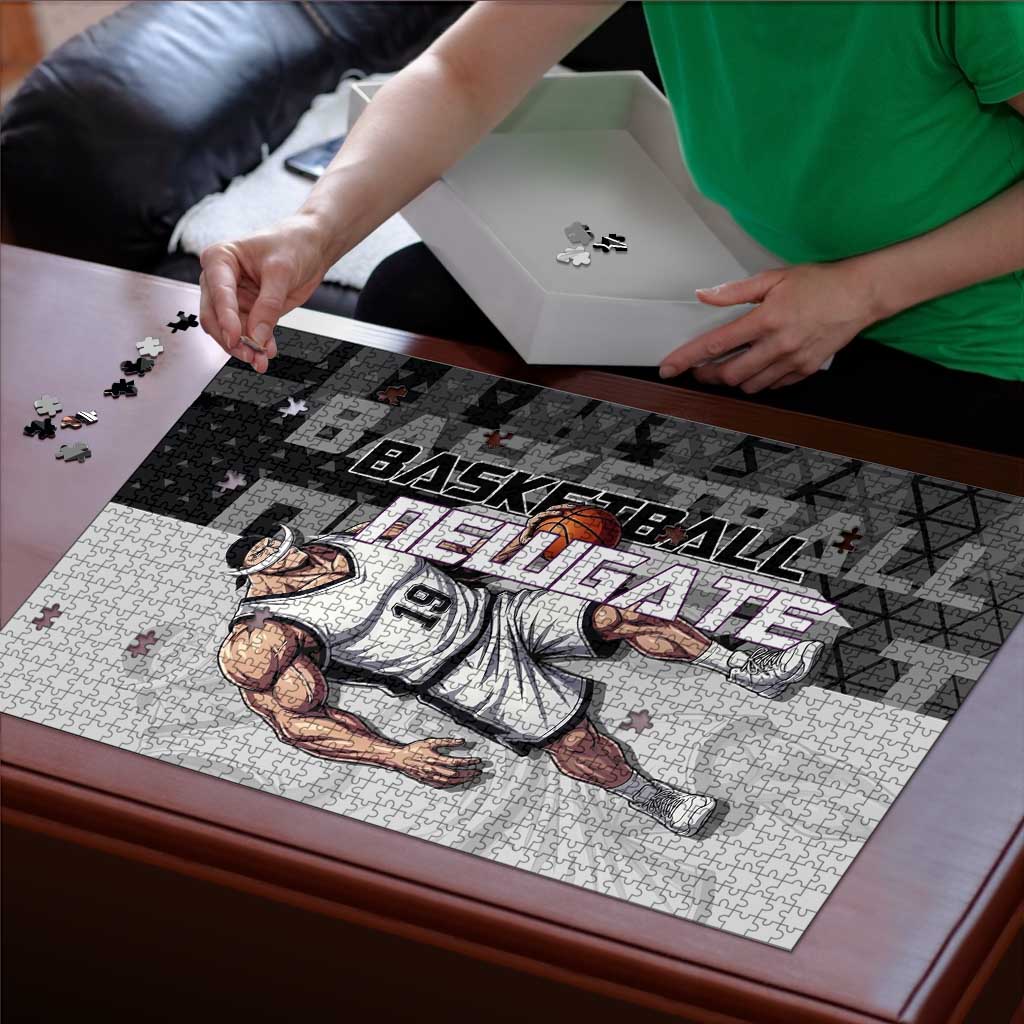 Whitebeard Newgate One Piece Basketball Theme Black and White Design Puzzle with Crossed Moustache Emblem and Dominant Pose - The Mazicc